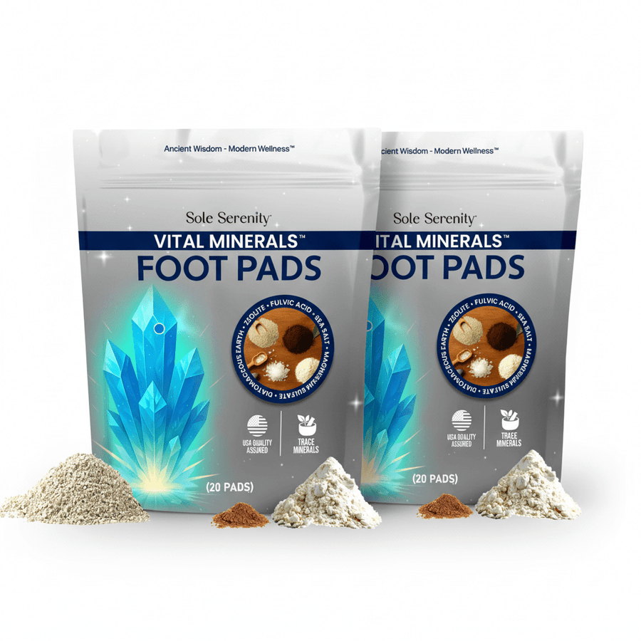 Lure Essentials Mineral Vitality Detox Foot Pads with fulvic acid, sea salt, and magnesium displayed on a foot.