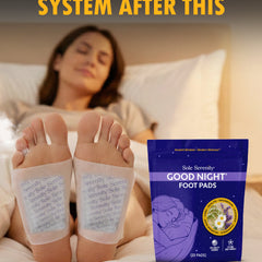 Lure Essentials Good Night Sleep and Detox Foot Pads, showing a box of 10 pairs with packaging and foot pads.