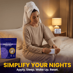 Lure Essentials Good Night Sleep and Detox Foot Pads, set of 10, shown with packaging and foot pads ready for use.