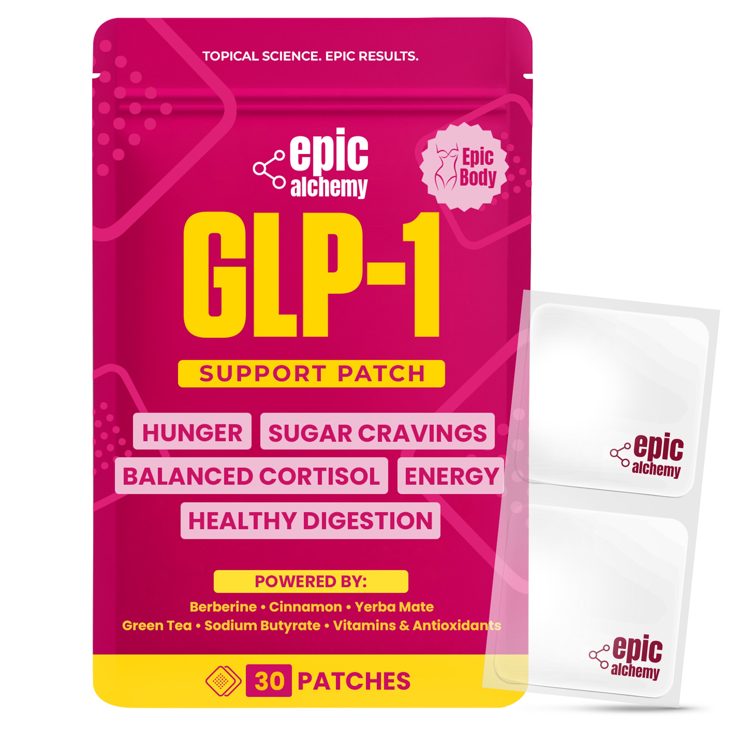 Lure Essentials Epic Body GLP-1 Berberine patches for weight management and metabolic support, shown on a neutral background.