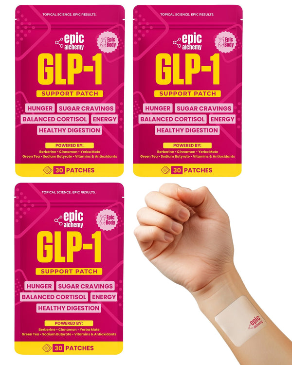 Lure Essentials Epic Body GLP-1 Berberine patches for weight management and metabolic support, shown on a neutral background.