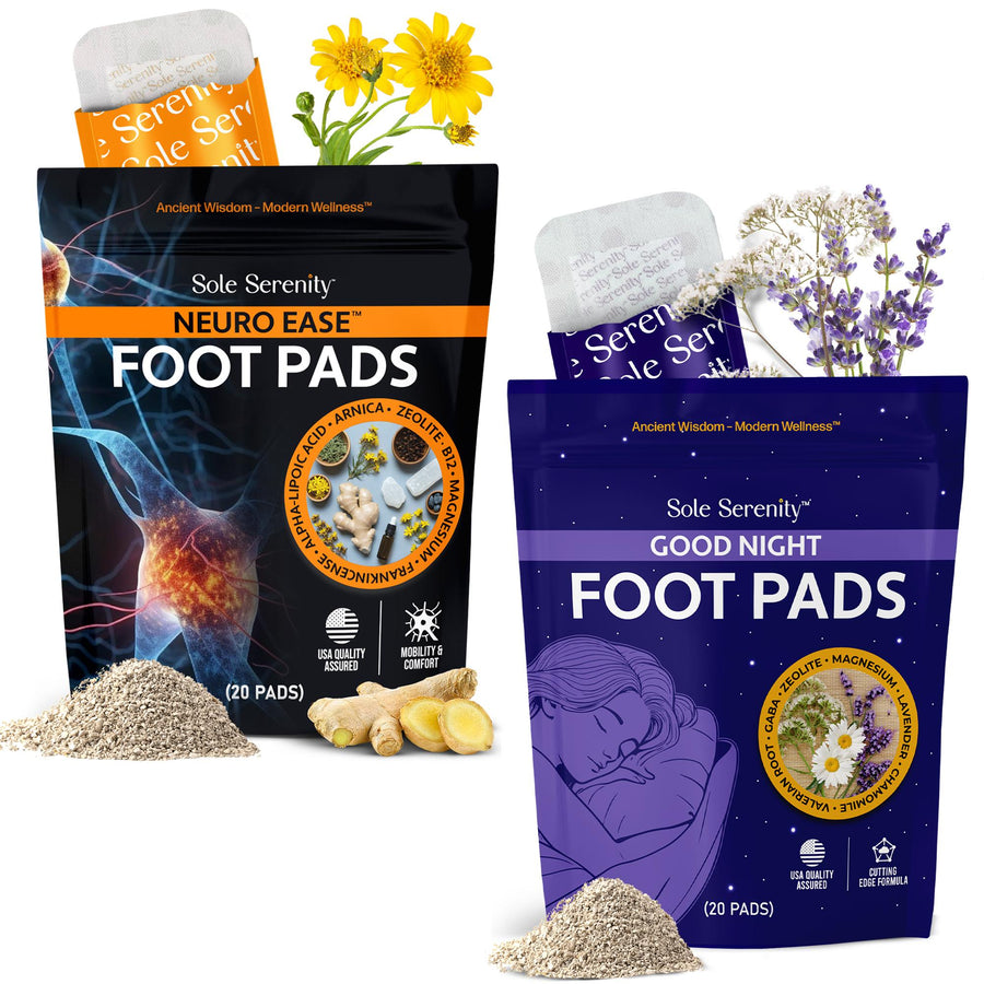 Lure Essentials Sole Serenity Neuro Ease and Good Night Foot Pads in a 2-pack bundle, designed for relaxation and sleep support.