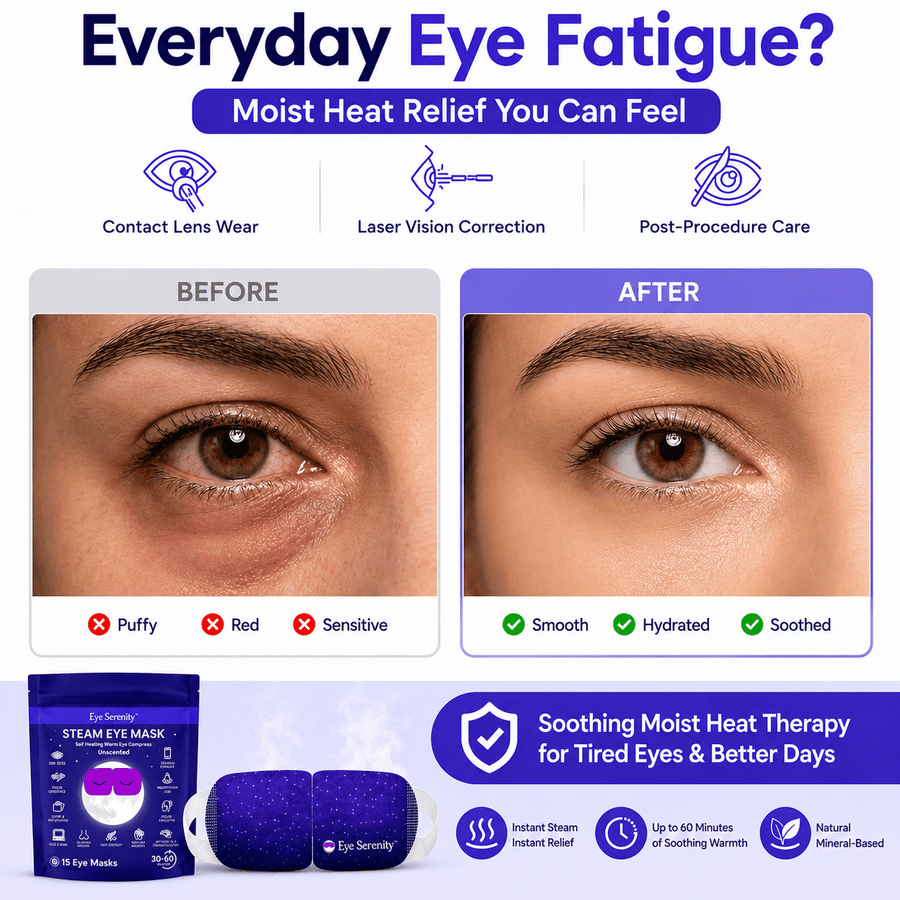 Lure Essentials Eye Serenity Steam Eye Mask, self-heating warm eye compress for dry eyes, puffiness, sleep, and travel comfort.