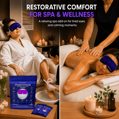 Lure Essentials Eye Serenity Steam Eye Mask for dry eyes, puffiness, and relaxation, shown in a close-up of the self-heating eye compress.