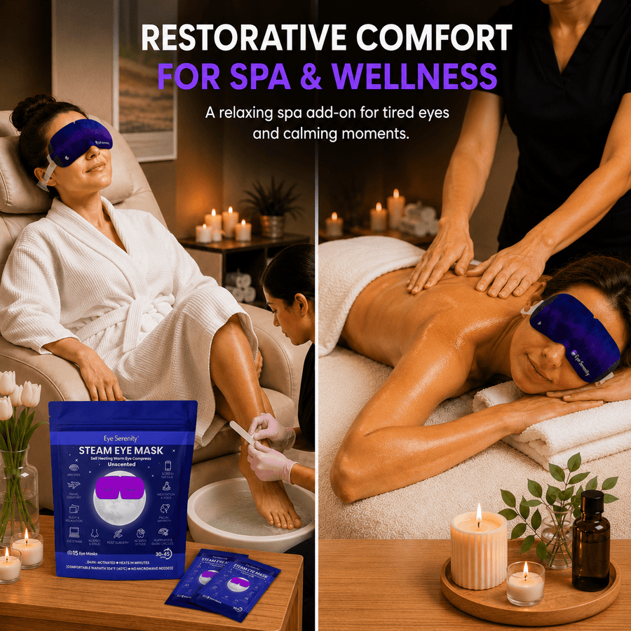 Lure Essentials Eye Serenity Steam Eye Mask for dry eyes, puffiness, and relaxation, shown in a close-up of the self-heating eye compress.
