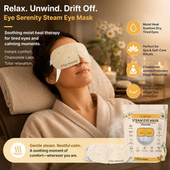 Lure Essentials Eye Serenity Steam Eye Mask with chamomile, relaxing eye care and wellness product for soothing relaxation.