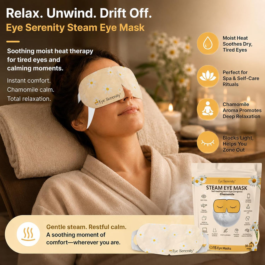 Lure Essentials Eye Serenity Steam Eye Mask with chamomile, relaxing eye care and wellness product for soothing relaxation.