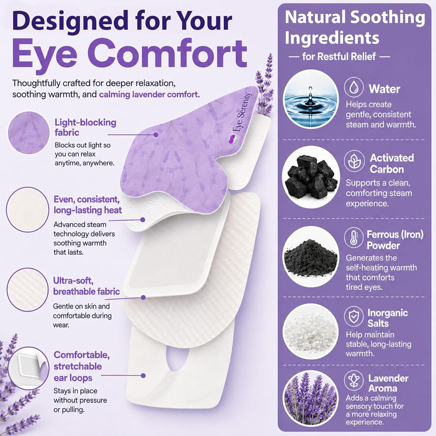 Lure Essentials Eye Serenity Steam Eye Mask in lavender, relaxing eye care and wellness product with soft fabric and lavender scent.