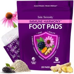 Lure Essentials Immune Harmony Detox Foot Pads with Elderberry and Zinc for wellness and detoxification, shown on feet.
