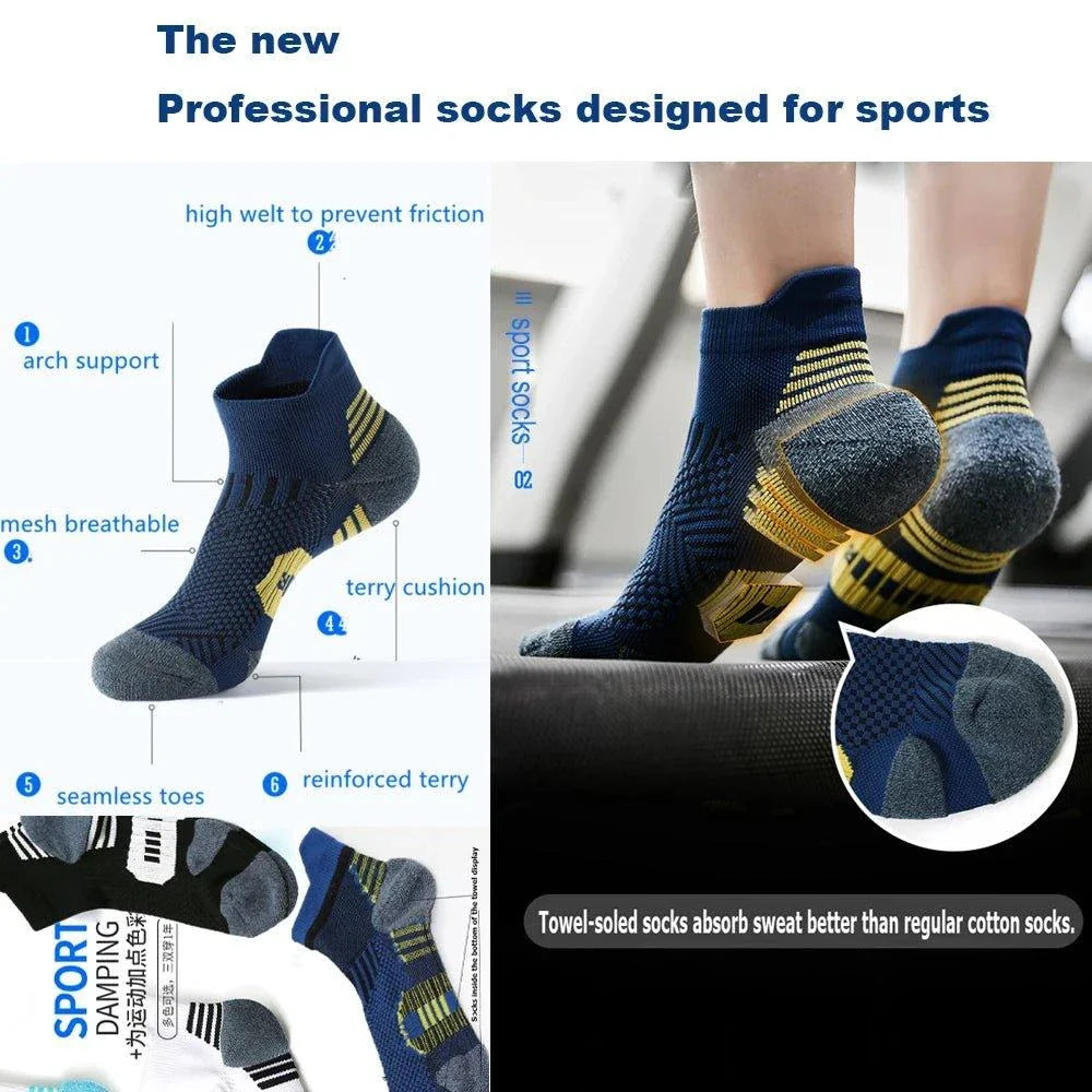 Mandotos 3-pack sports socks with towel bottom, non-slip grip, short style, quick-drying fabric for running, basketball, and training.