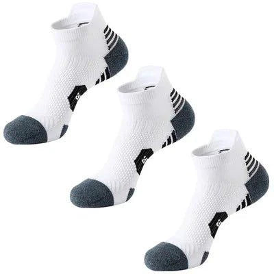 Three pairs of Mandotos athletic sport socks with towel bottoms, non-slip grip, quick-drying fabric, ideal for running and basketball.