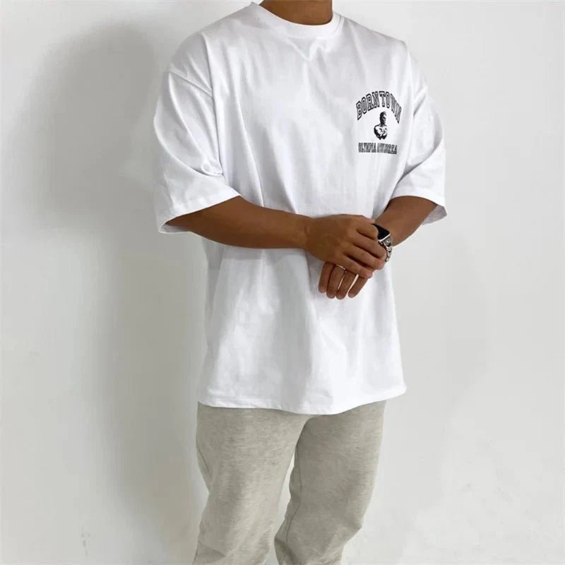 Men's cotton fitness T-shirt by MANDOTOS, short sleeve summer gym tee, lightweight and breathable for workout and casual wear.