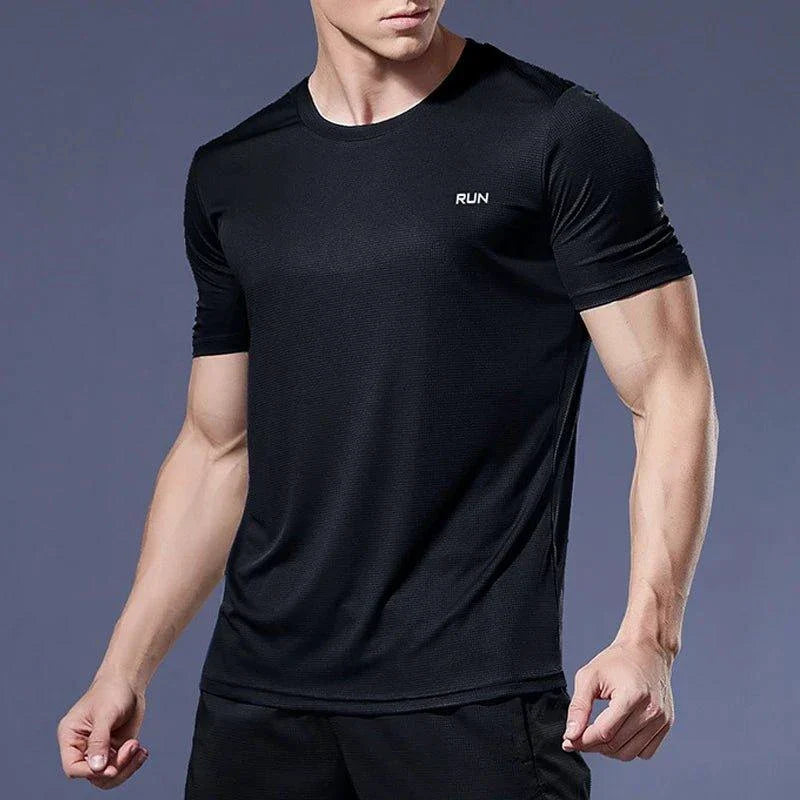 Men's MANDOTOS quick-dry compression fitness T-shirt, close-up showing lightweight, breathable fabric and athletic fit.
