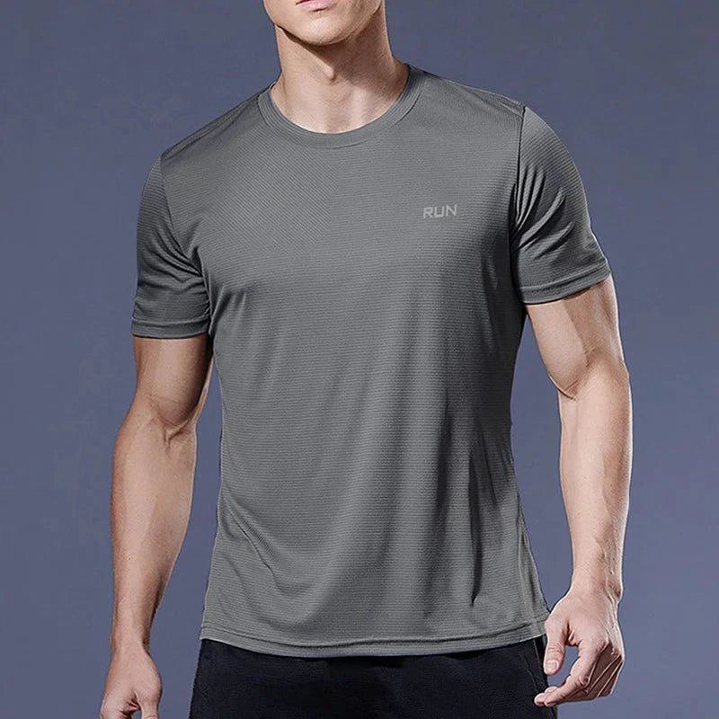 Men's quick dry compression fitness T-shirt by MANDOTOS, shown in black, designed for workout and athletic performance.