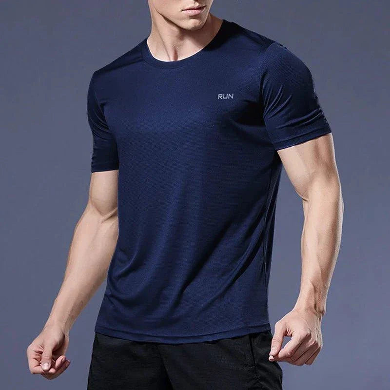 Men's quick dry compression fitness T-shirt by MANDOTOS, shown in black, designed for active workouts and athletic performance.