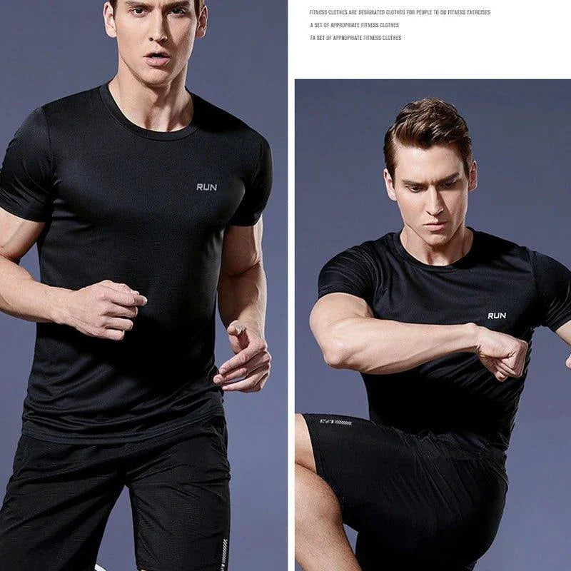 Men's quick dry compression fitness T-shirt by MANDOTOS, shown in black, designed for athletic performance and moisture-wicking comfort.