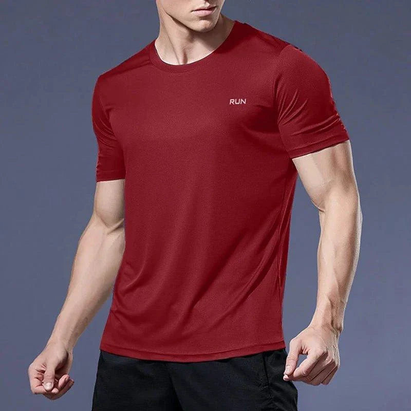 Men's quick dry compression fitness T-shirt by MANDOTOS, showing a close-up of the lightweight, moisture-wicking fabric and athletic fit.