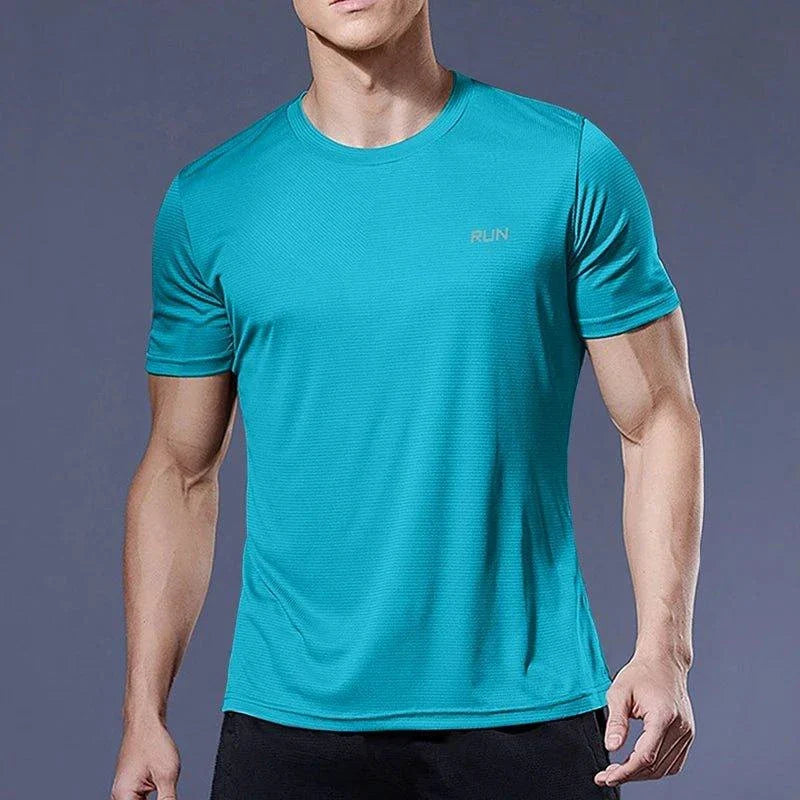 Men's quick dry compression fitness T-shirt by MANDOTOS, shown in black with stretch fabric designed for active workouts.