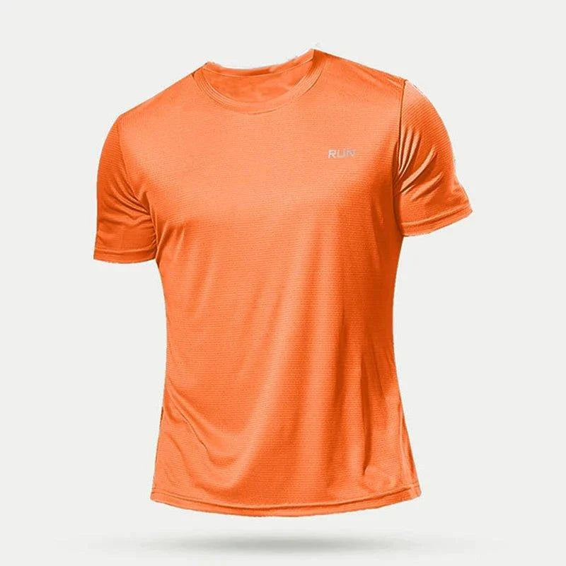 Men's quick dry compression fitness T-shirt by MANDOTOS, showcasing lightweight, breathable fabric and snug fit for active workouts.