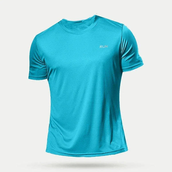 Men's quick dry compression fitness T-shirt by MANDOTOS, made of lightweight, breathable fabric for active workouts.