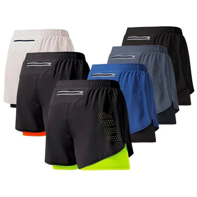 Mandotos men's black running shorts with quick-drying double-layer design, ideal for fitness, workout, and bodybuilding training.