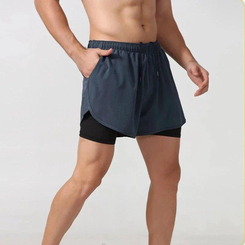 Mandotos men's black running shorts with quick-drying double-layer design for fitness, workout, and bodybuilding training.