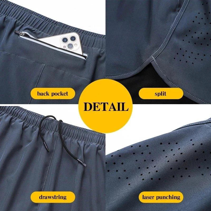 Mandotos men's black running shorts with quick-drying double-layer design, ideal for fitness, training, and bodybuilding workouts.