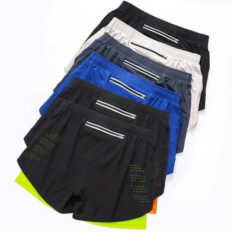 Men's black quick-drying running shorts by MANDOTOS, double-layer design, ideal for fitness, workout, and bodybuilding training.