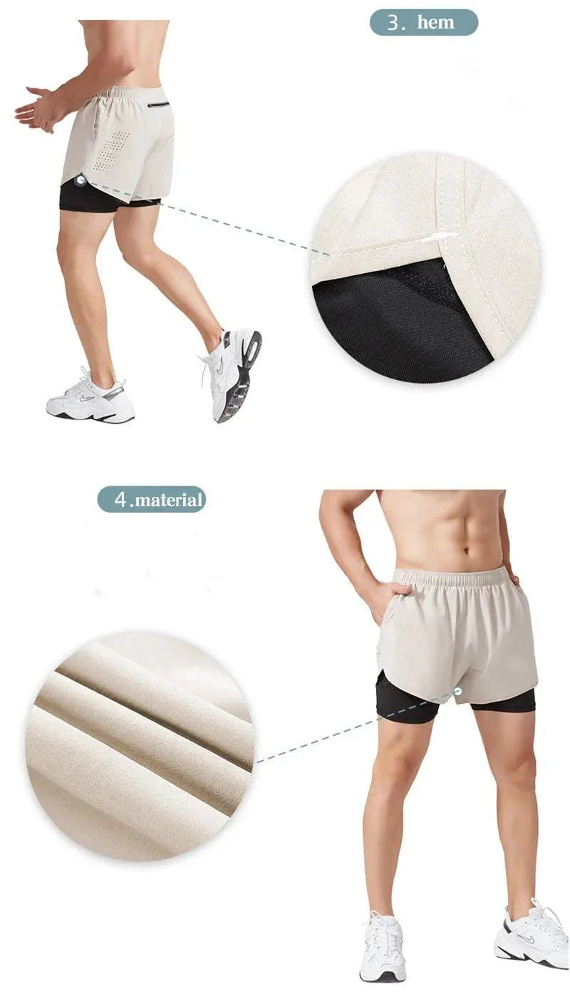Mandotos men's black running shorts with quick-drying double-layer design, ideal for fitness, workout, and bodybuilding training.