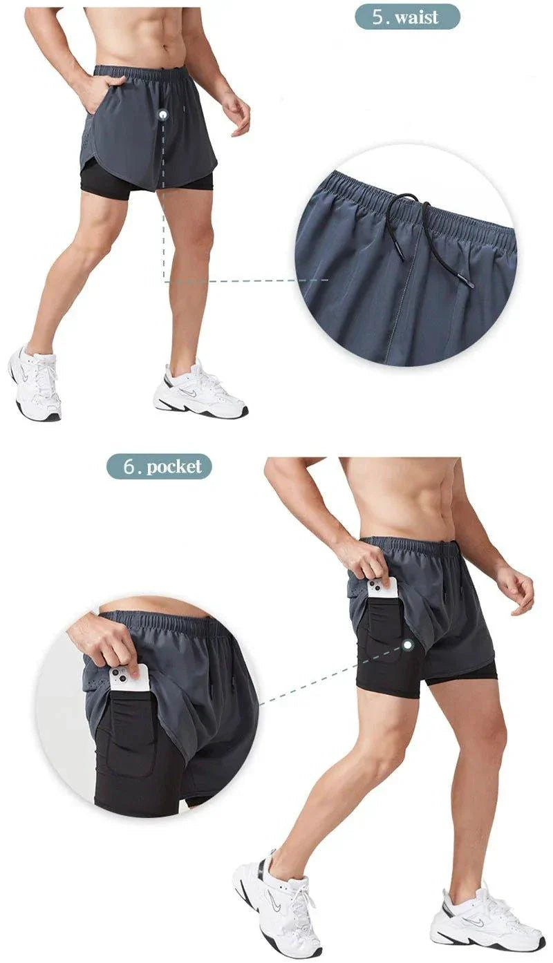 Men's MANDOTOS running shorts with quick-drying black double-layer fabric, ideal for fitness, workout, and bodybuilding training.