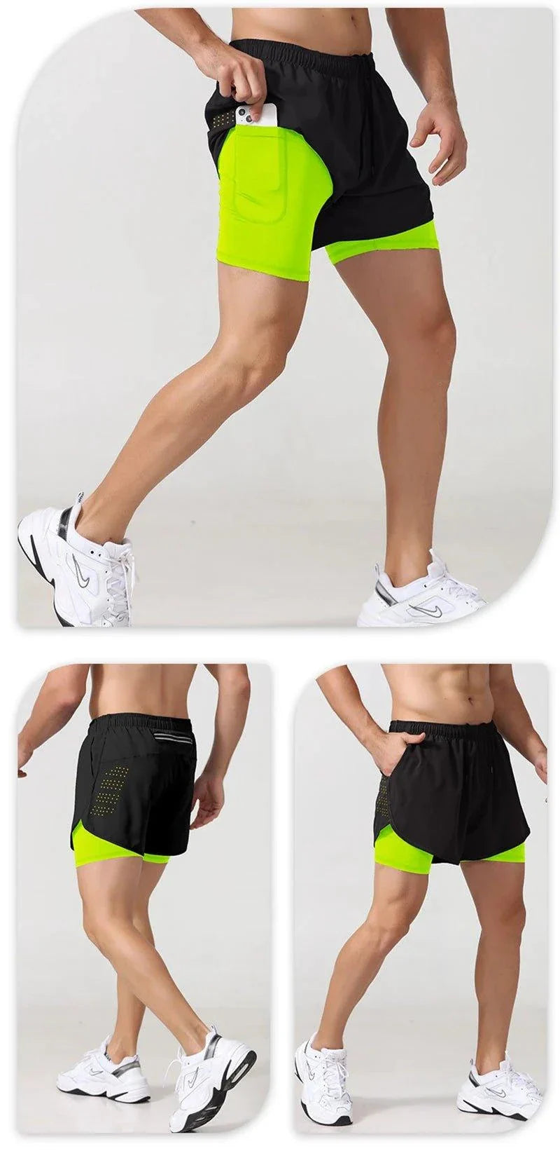 Men's black MANDOTOS running shorts with quick-drying double-layer design, ideal for fitness, workout, and bodybuilding training.