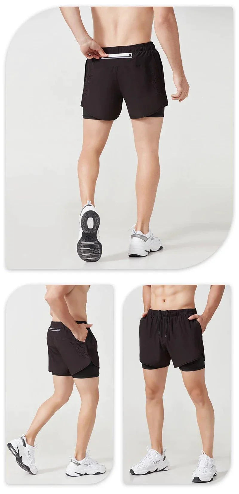 Men's black MANDOTOS running shorts with quick-drying double-layer design for fitness, workout, and bodybuilding training.