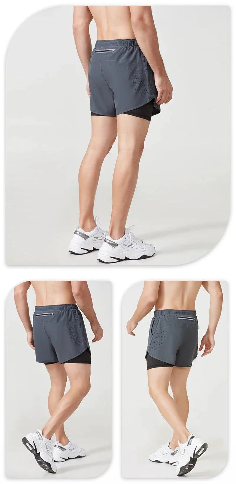 Mandotos men's black quick-drying running shorts with double-layer design, suitable for fitness, sport, workout, and bodybuilding.