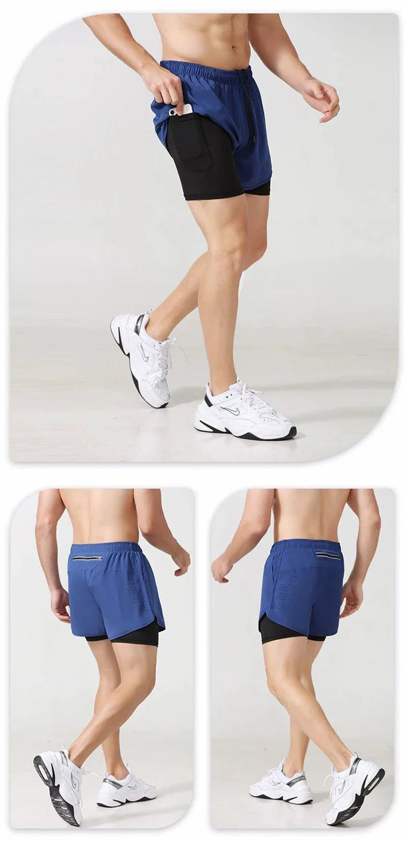 Men's black quick-drying running shorts by MANDOTOS, double-layer design, ideal for fitness, workout, and bodybuilding training.