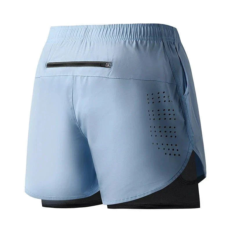 Men's black MANDOTOS running shorts with quick-drying double-layer design, ideal for fitness, workout, and bodybuilding training.