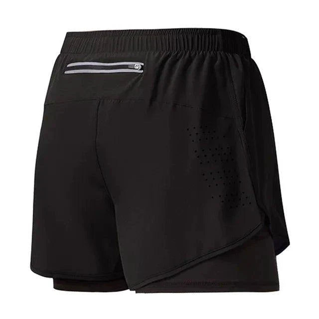 Men's black Mandotos running shorts with quick-drying double-layer design, ideal for fitness, workout, and bodybuilding training.