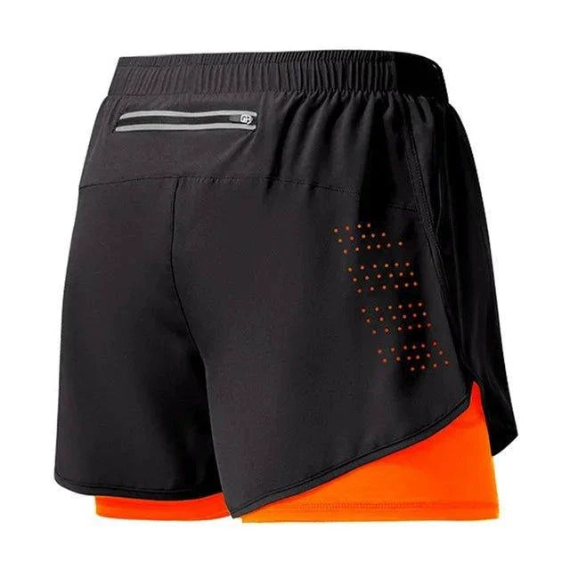Mandotos men's black quick-drying running shorts with double layer design, suitable for fitness, training, and bodybuilding workouts.