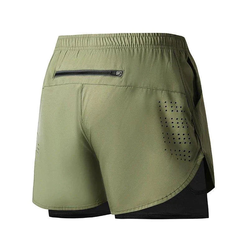 Mandotos men's black running shorts with quick-drying double-layer design, suitable for fitness, workout, and bodybuilding.
