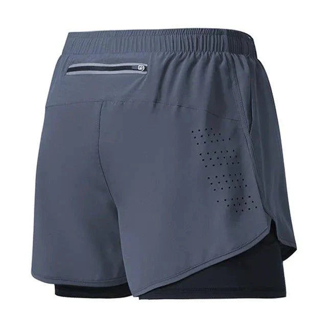 Mandotos men's black quick-drying running shorts with double-layer design, suitable for fitness, workout, and bodybuilding.