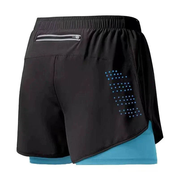 Men's black quick-drying running shorts by MANDOTOS with double-layer design, ideal for fitness, workout, and bodybuilding training.