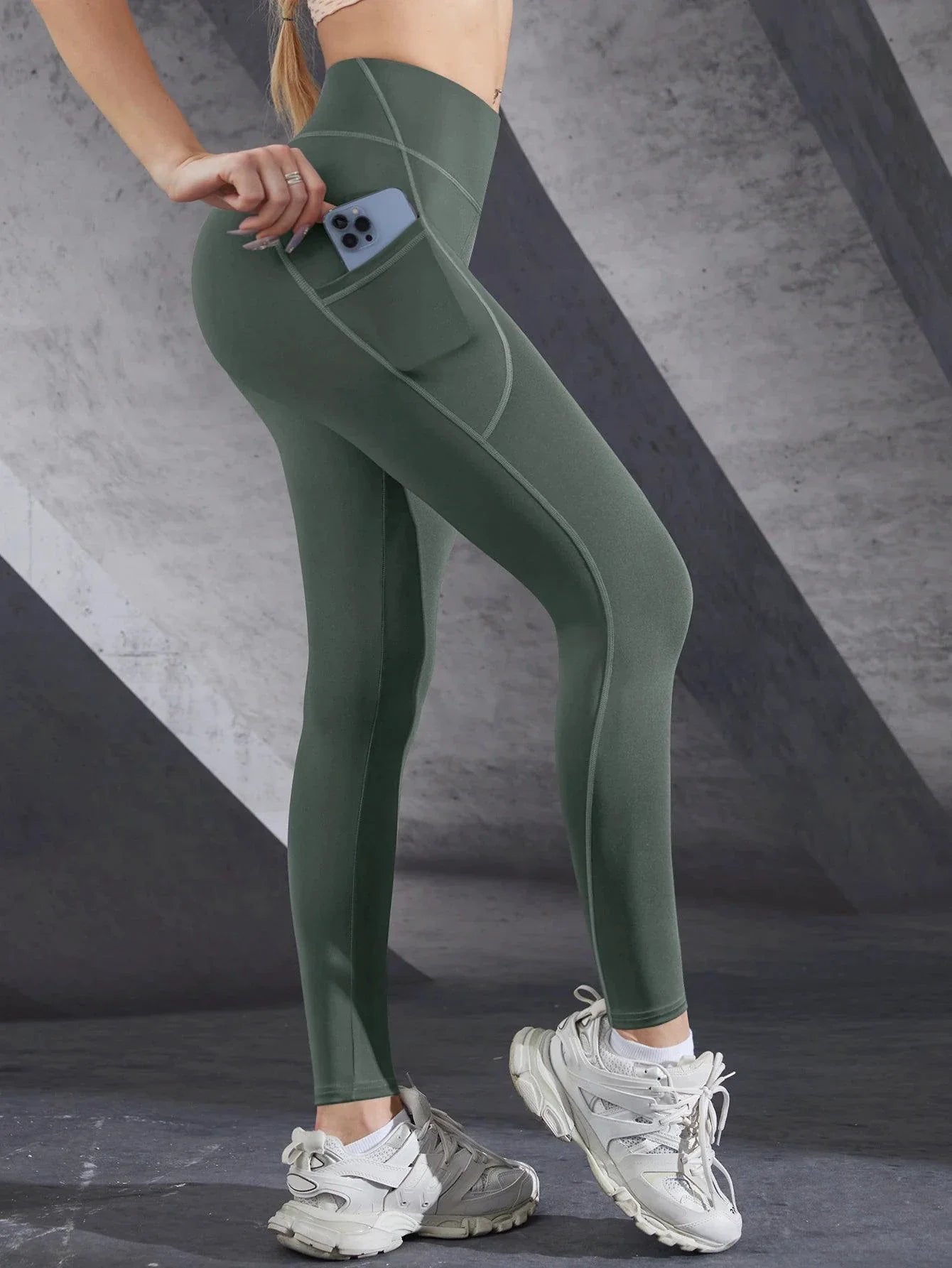 Mandotos high waist women's leggings with pockets, stretch yoga pants for fitness and running, solid color, push-up design.