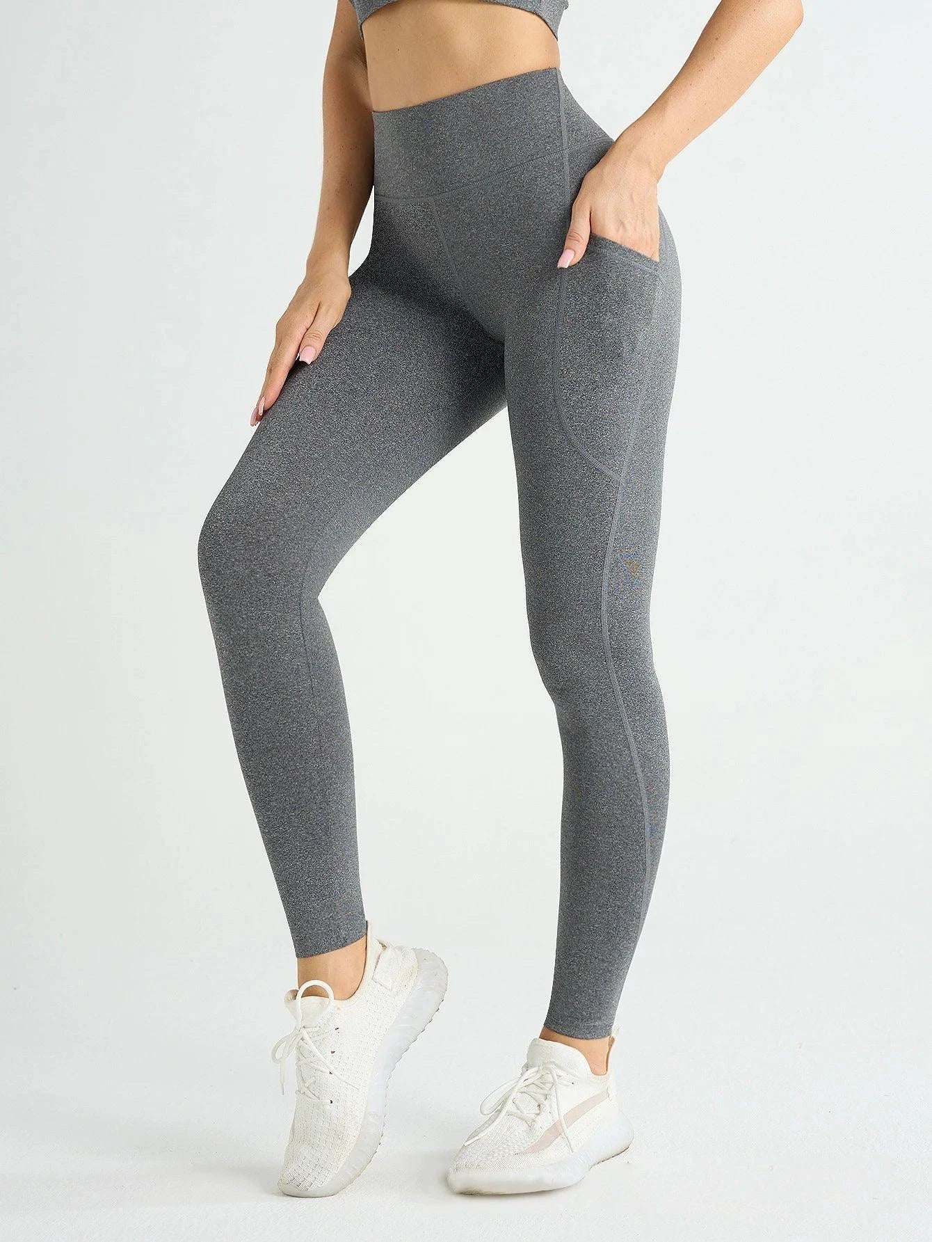 Mandotos high waist women's leggings with pockets, stretch yoga pants, solid color, ideal for fitness, running, and sportswear activities.
