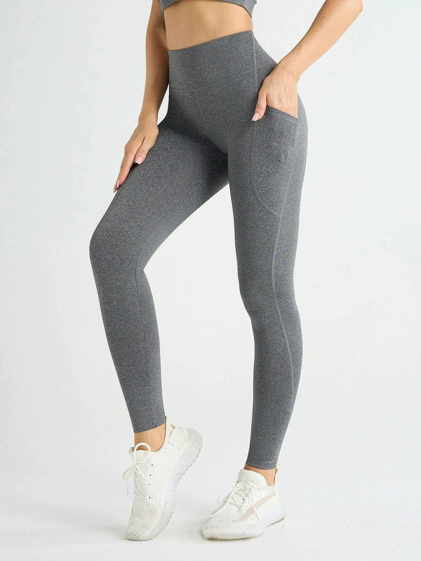 Mandotos high waist women's leggings with pockets, stretch yoga pants, solid color, ideal for fitness, running, and sportswear activities.