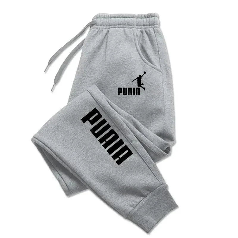 Mandotos PUAIA print men's sport jogging pants in solid color, loose fit, suitable for autumn and winter streetwear and fitness.