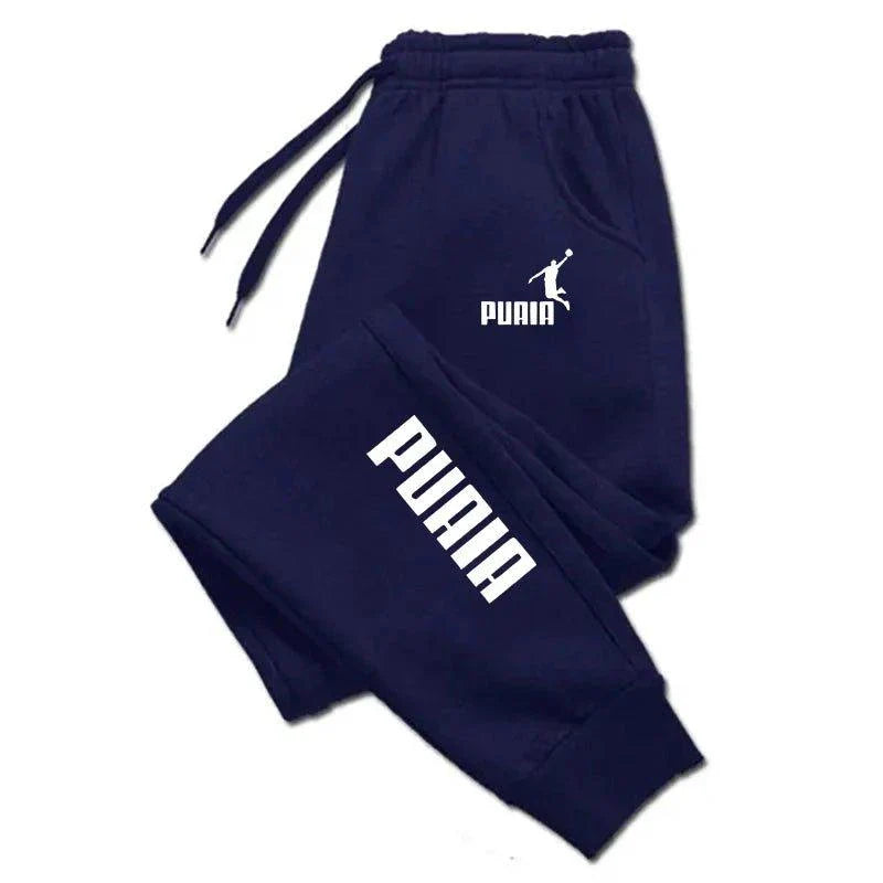 Mandotos PUAIA print men's sporty joggers in solid color, loose fit for autumn and winter, perfect for fitness and streetwear styles.