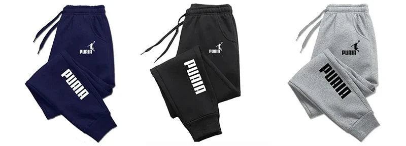 Mandotos PUAIA print men's sport jogging pants in solid color, loose fit, suitable for autumn and winter fitness and streetwear.