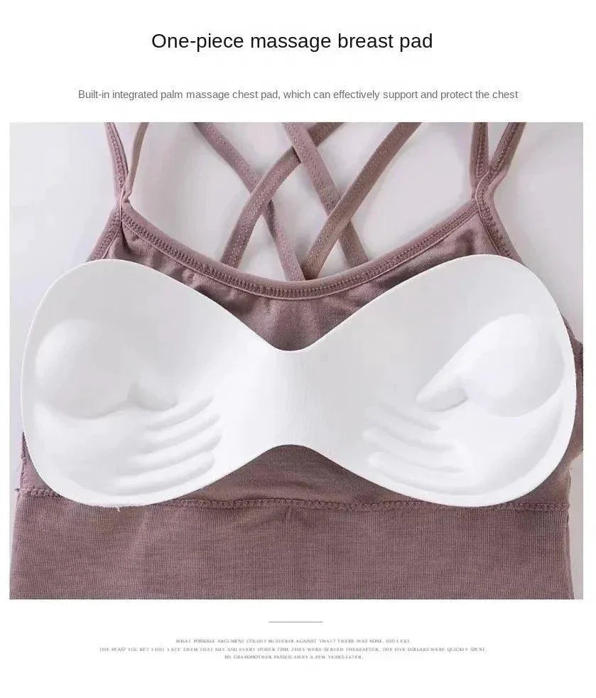 Mandotos sexy women's sports bra with back cross straps, push-up design, breathable fabric, solid color for yoga and running workouts.