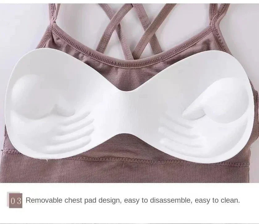 Mandotos women's sports bra with back cross straps, push-up design, breathable fabric, soft fit, ideal for yoga and running.