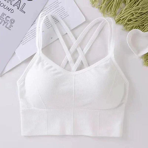 Mandotos women's sports bra with back cross straps, push-up design, breathable soft fabric, solid color for yoga and fitness.