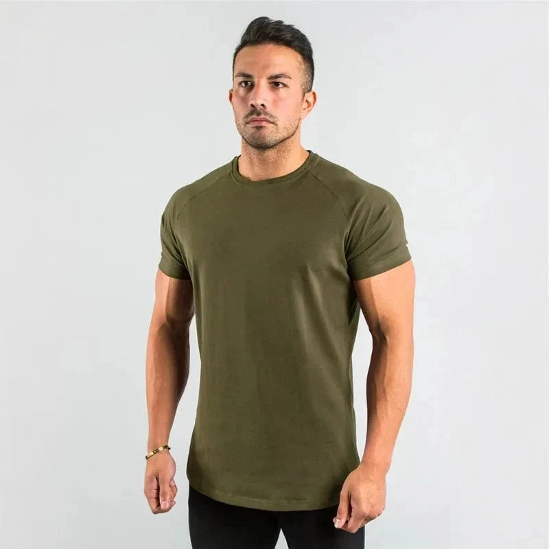 Mandotos men's casual short sleeve muscle T-shirt, slim fit gym fitness top, streetwear style, ideal for summer workouts.